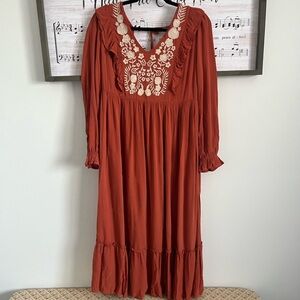 Bohemian Long Sleeve Dress with Embroidery